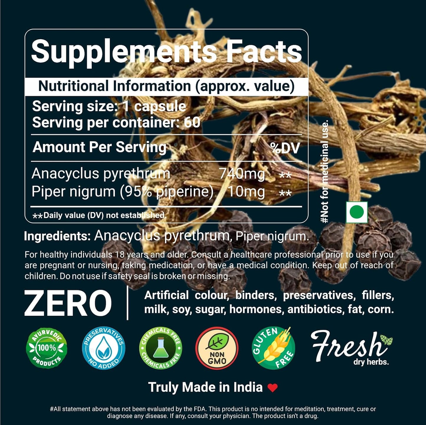 Sahara Pharma Akarkara Capsule | Anacyclus Pyrethrum - Pellitory Root - Akkirakaram | Source of Fiber, Mineral, Vitamins for Men | Non GMO, Gluten Free, Zero Fillers | 750mg - 60 Capsule