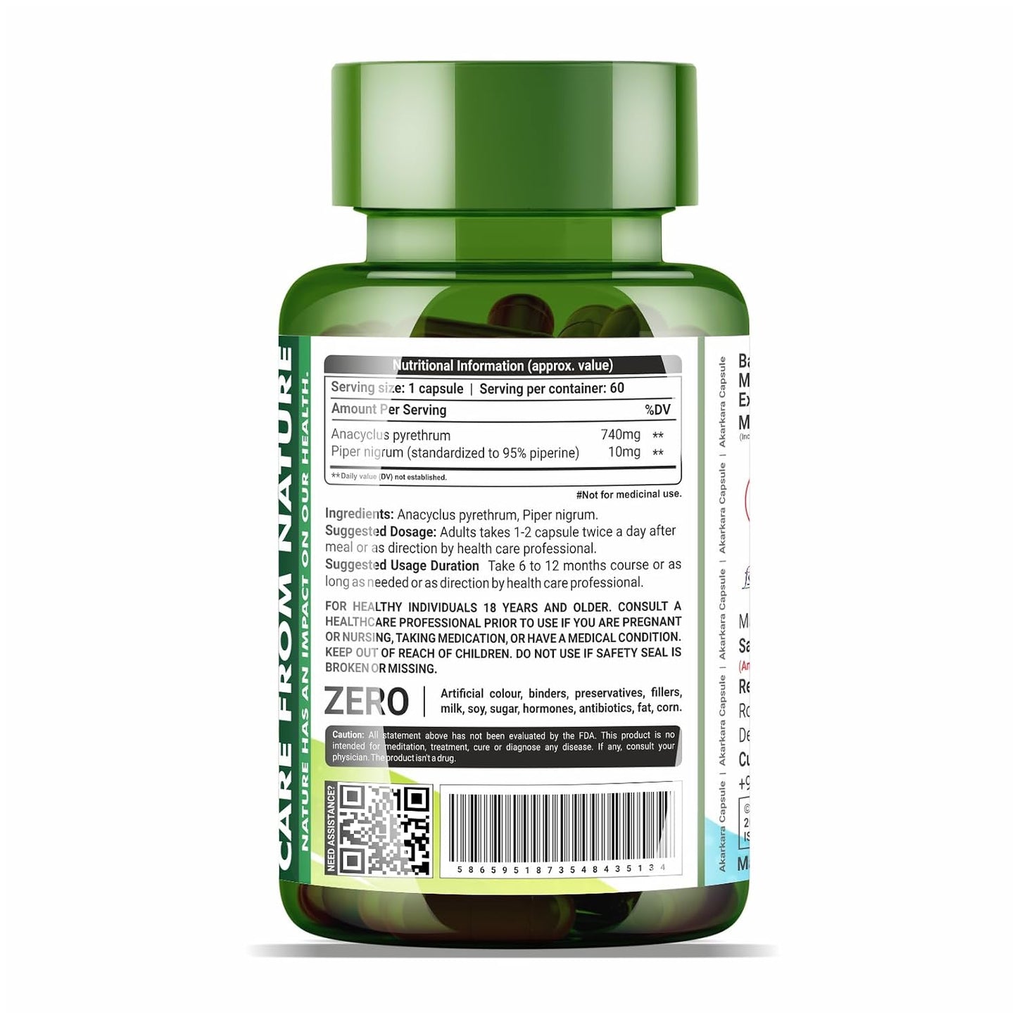 Sahara Pharma Akarkara Capsule | Anacyclus Pyrethrum - Pellitory Root - Akkirakaram | Source of Fiber, Mineral, Vitamins for Men | Non GMO, Gluten Free, Zero Fillers | 750mg - 60 Capsule