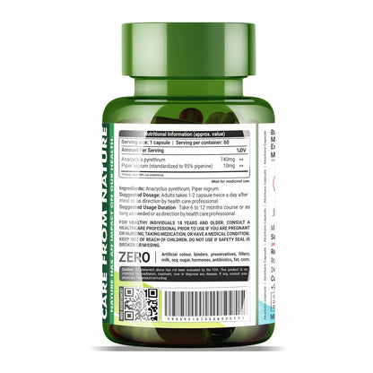 Sahara Pharma Akarkara Capsule | Anacyclus Pyrethrum - Pellitory Root - Akkirakaram | Source of Fiber, Mineral, Vitamins for Men | Non GMO, Gluten Free, Zero Fillers | 750mg - 60 Capsule